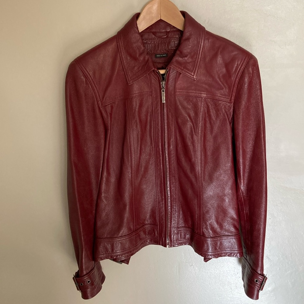 Tribal burgundy 100% leather jacket, size 6